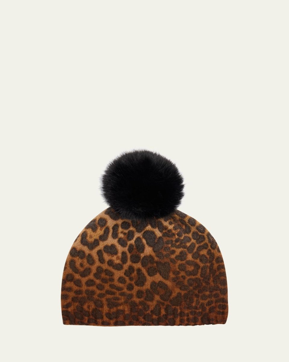 Leopard Print Cashmere & Faux Fur Pom Beanie